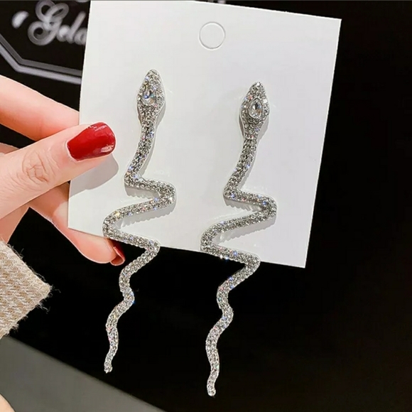 LARGE crystal snake earrings in silver or gold - Picture 2 of 6